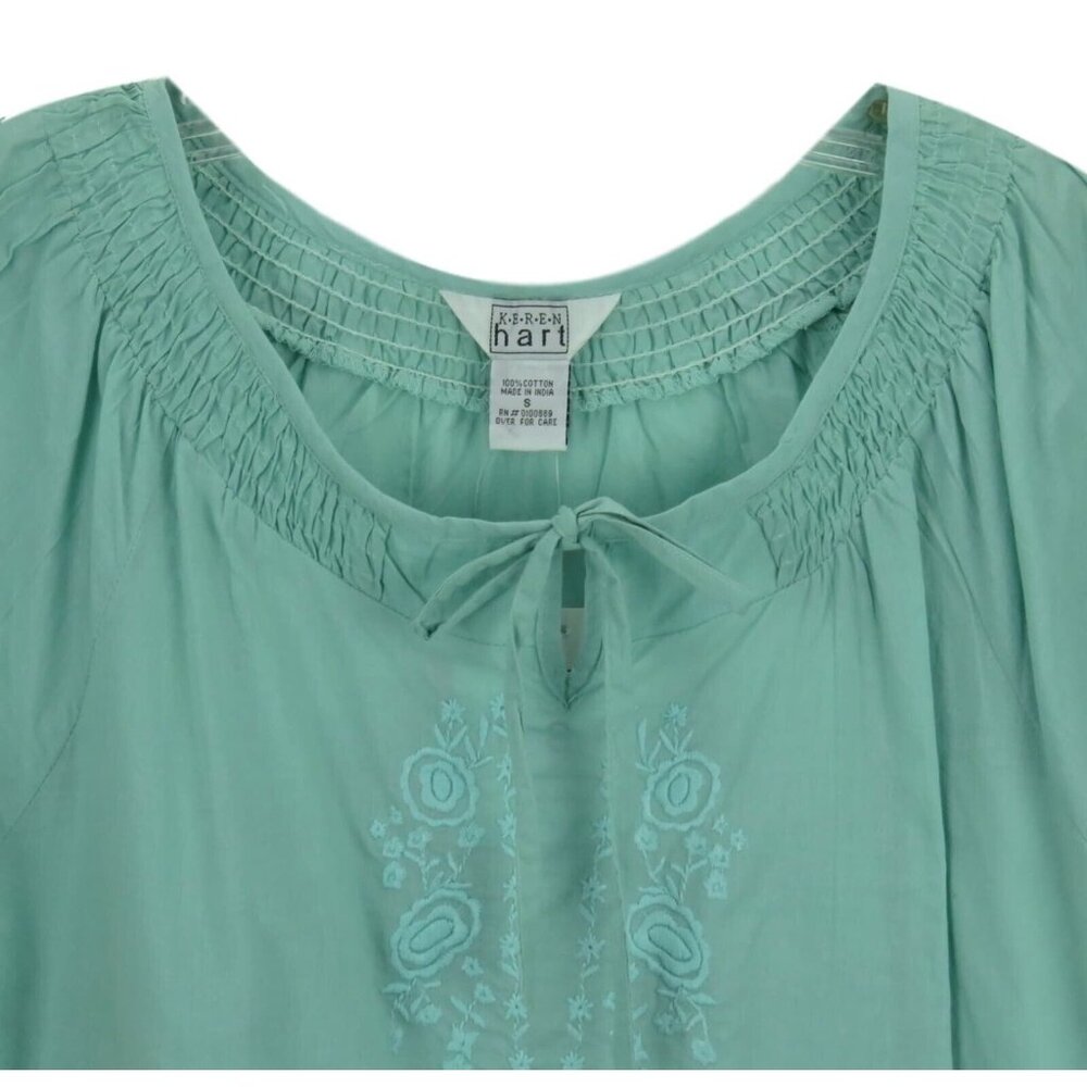 BOHO SmockTop Women Size Small Keren Hart Embroidered Hippie Boho Sage Green - Picture 2 of 8